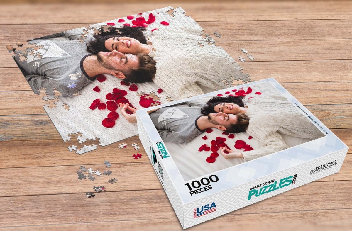 Valentine's photo puzzle gift, couple on a bed of roses, 1000 piece photo puzzle | MakeYourPuzzles