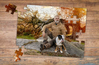 Thumbnail for 48 piece custom photo puzzle man and dog sitting on a rock formation in the fall | MakeYourPuzzles