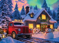 Thumbnail for Vintage Red Truck and Snowman with snow covered cozy house jigsaw puzzle | MkeYourPuzzles