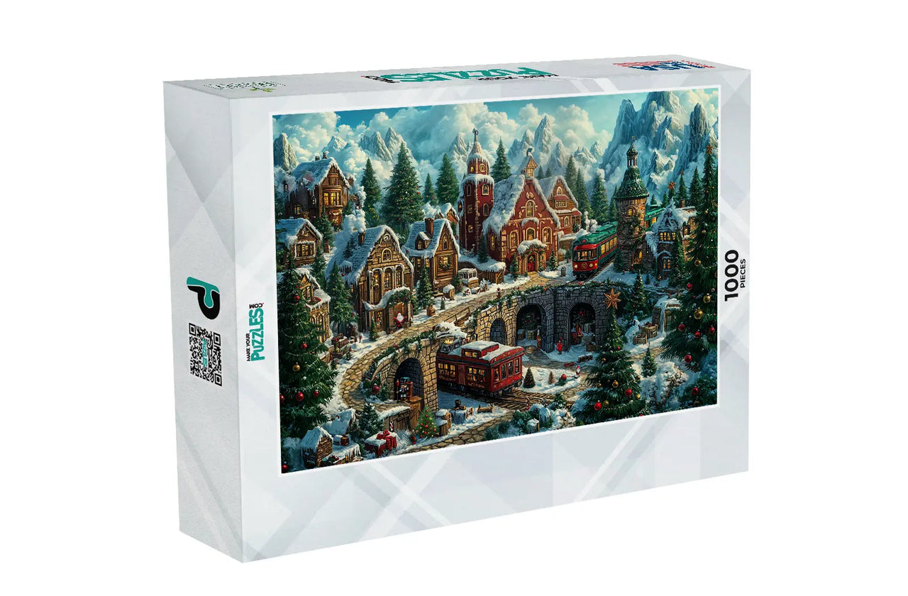Christmas Puzzle Snowy Mountain Town Train 1000 pieces puzzle box | MakeYourPuzzles