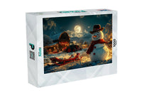 Thumbnail for Evening on the Farm: Snowman Standing Guard by the Barn | MakeYourPuzzles