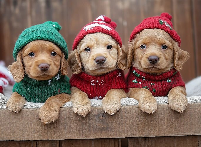 Festive Puppy Trio in Cozy Sweaters Puzzle | MakeYourPuzzles