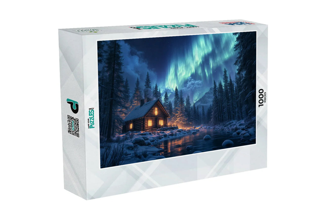 Cabin Under the Northern Lights Winter Puzzle Box | MakeYourPuzzles