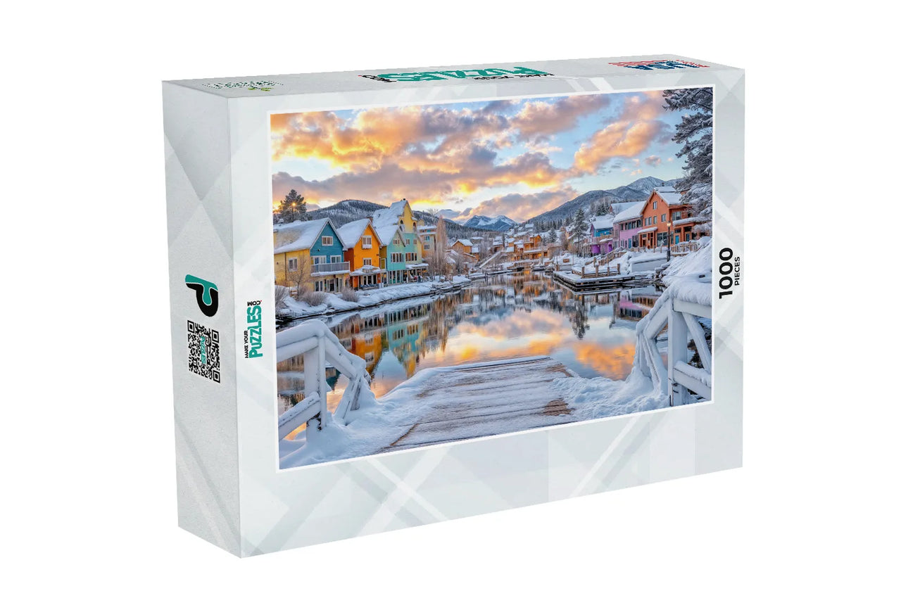 Winter Sunrise over Colorful Riverside Village Puzzle Box | MakeYourPuzzles