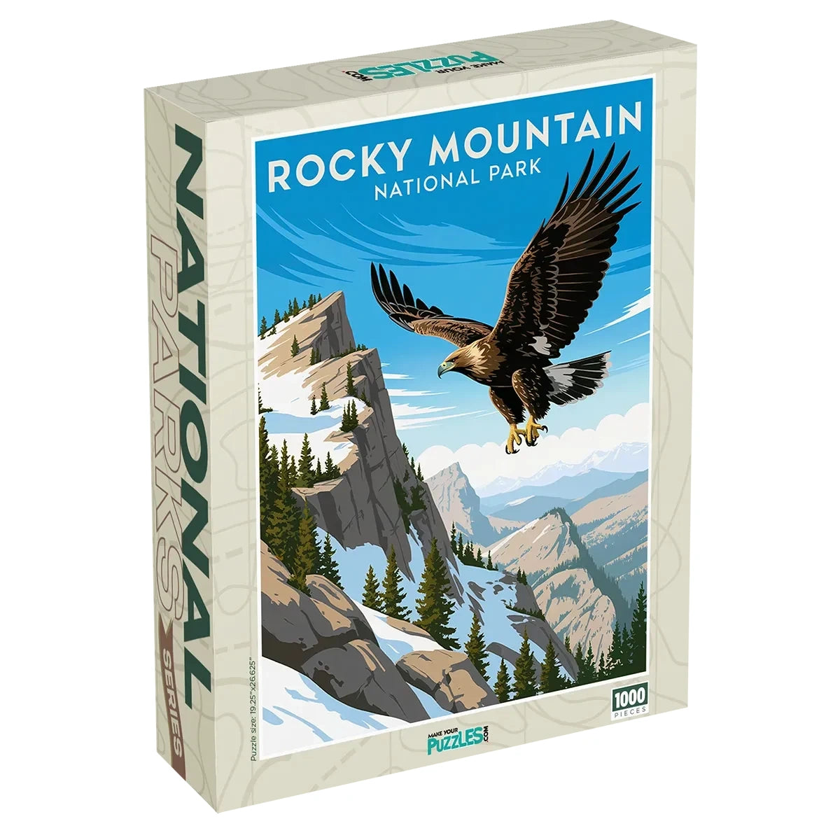 Rocky Mountain National Park Puzzle with Eagle flying high 1000 piece jigsaw puzzle box by MakeYourPuzzles
