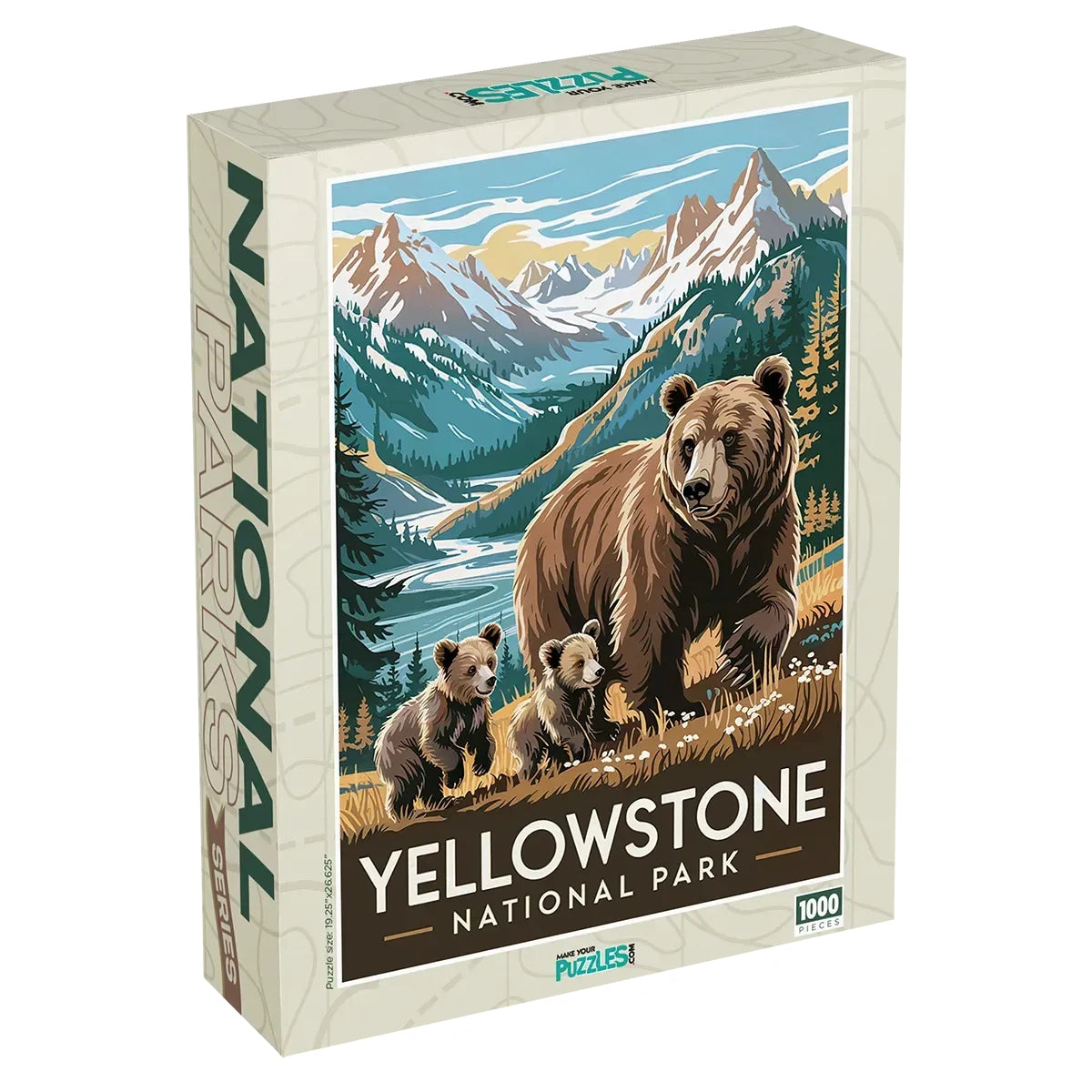 Yellowstone National Park Puzzle Grizzly Family with 1000 piece puzzle box by MakeYourPuzzles | Made in the USA
