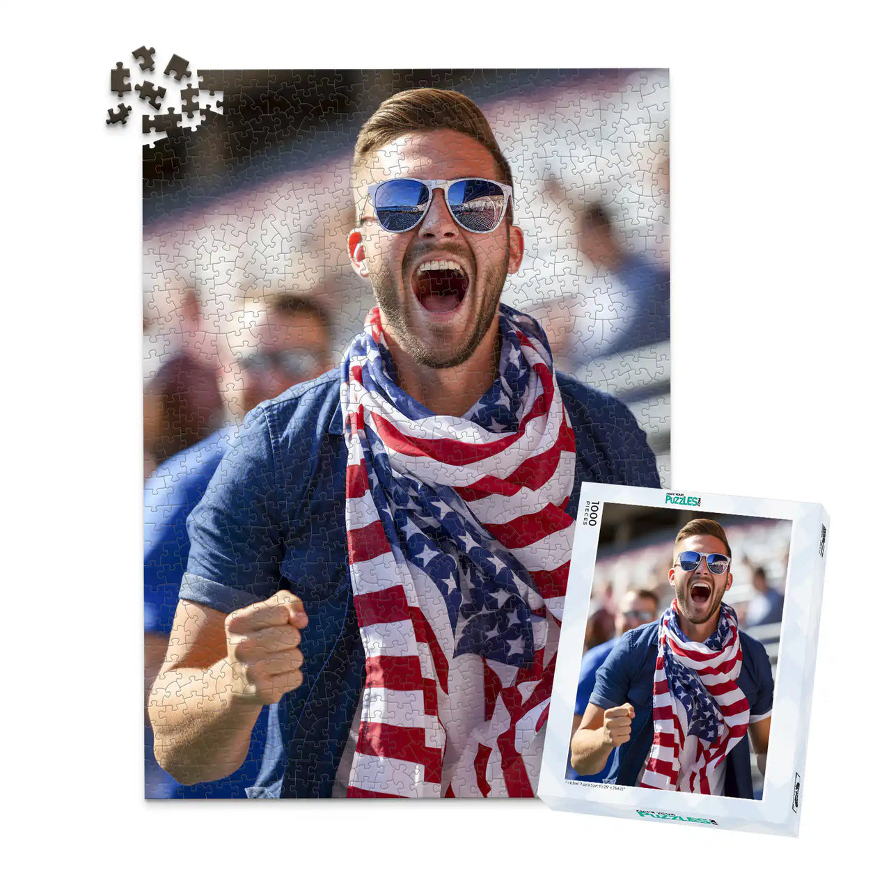 1000 piece 4th of July photo puzzle featuring a cheering man wearing an American flag scarf, shown with its matching puzzle box