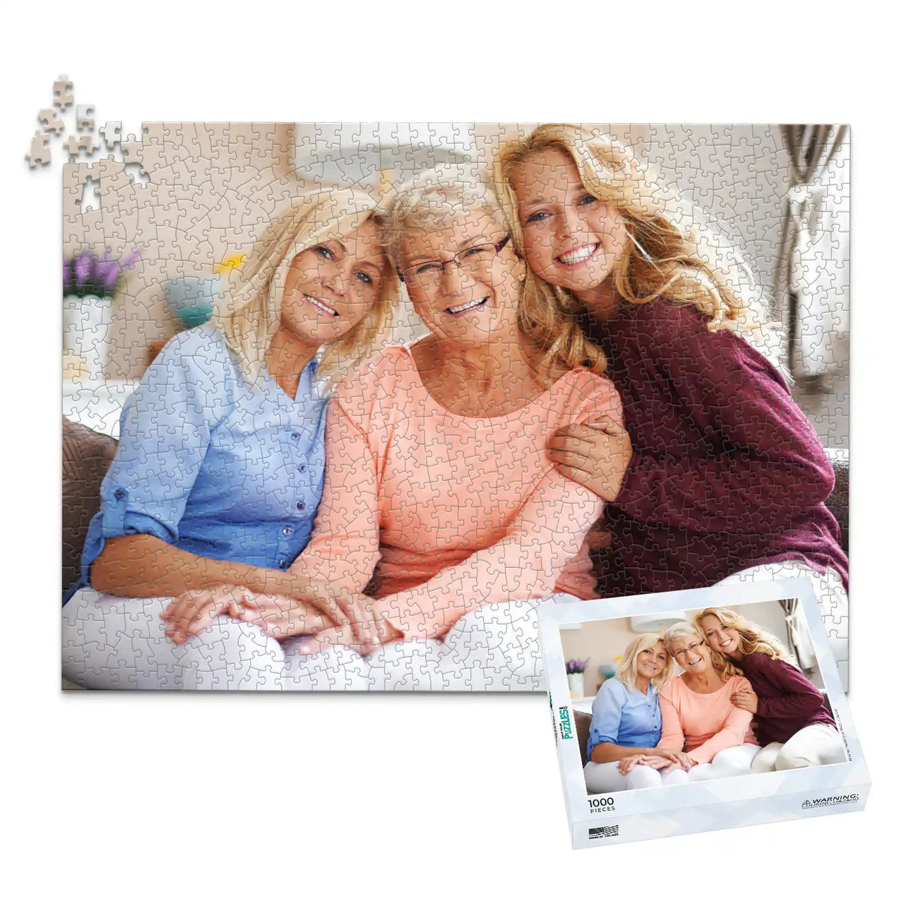1000 piece custom Mother’s Day photo puzzle featuring a mother with her two adult daughters and matching puzzle box