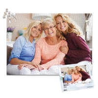 1000 piece custom Mother’s Day photo puzzle featuring a mother with her two adult daughters and matching puzzle box