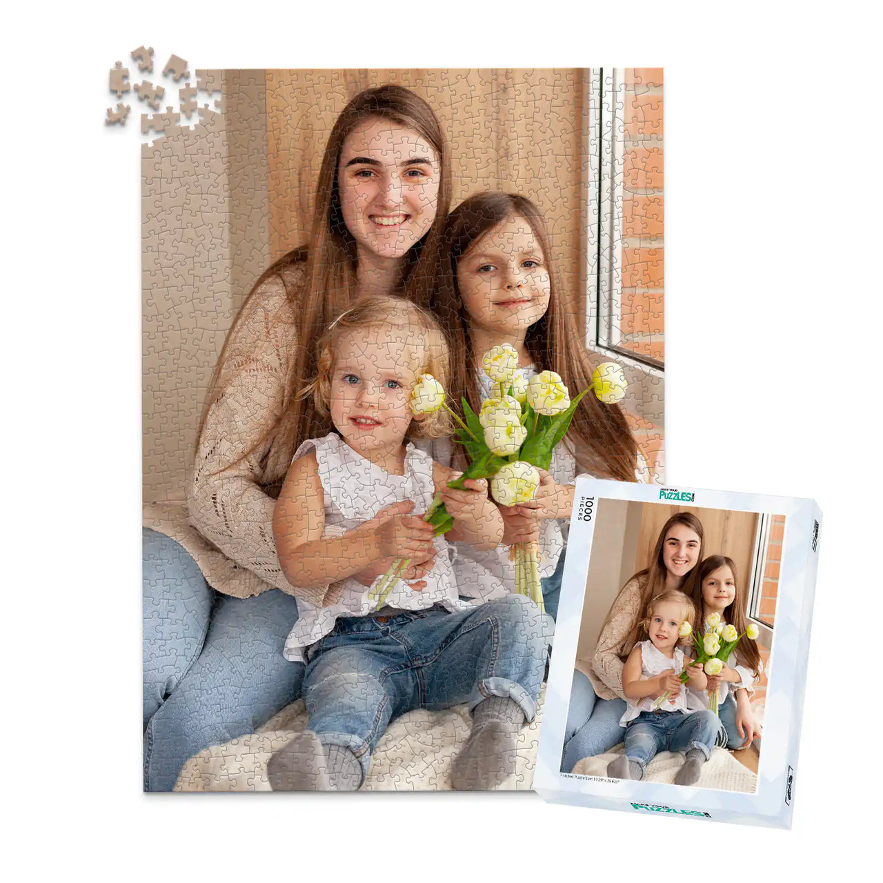 1000 piece custom Mother’s Day photo puzzle featuring three daughters with flowers and a matching puzzle box