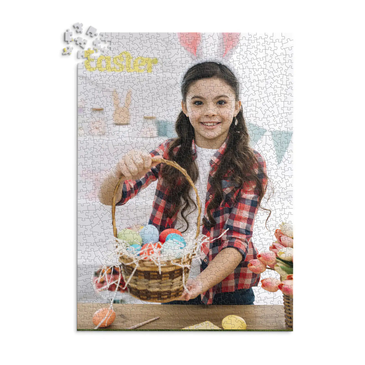 1000 piece Easter photo puzzle featuring a smiling girl holding a basket of colorful Easter eggs.