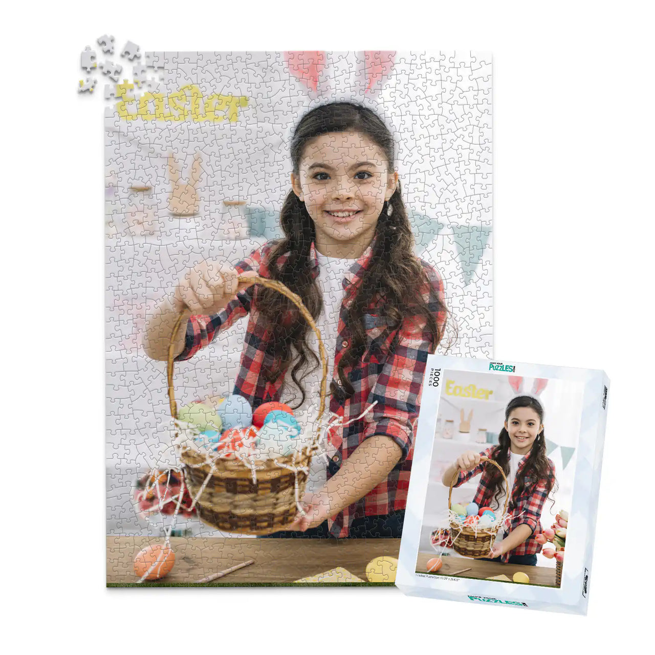 1000 piece Easter photo puzzle featuring a smiling girl holding a basket of colorful Easter eggs, shown with its matching puzzle box