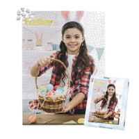 1000 piece Easter photo puzzle featuring a smiling girl holding a basket of colorful Easter eggs, shown with its matching puzzle box
