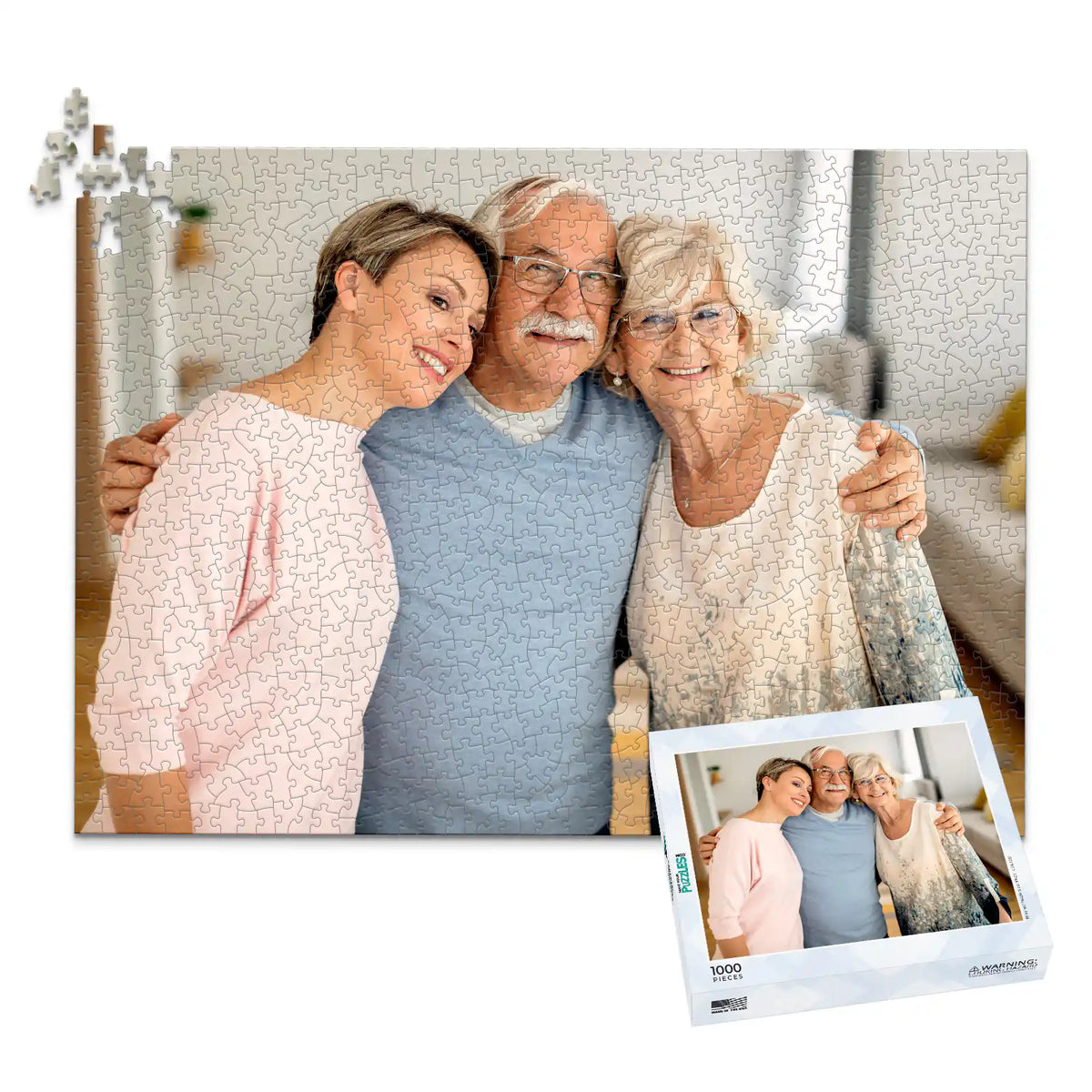 1000 piece custom Father’s Day photo puzzle featuring a father with his wife and daughter and matching puzzle box