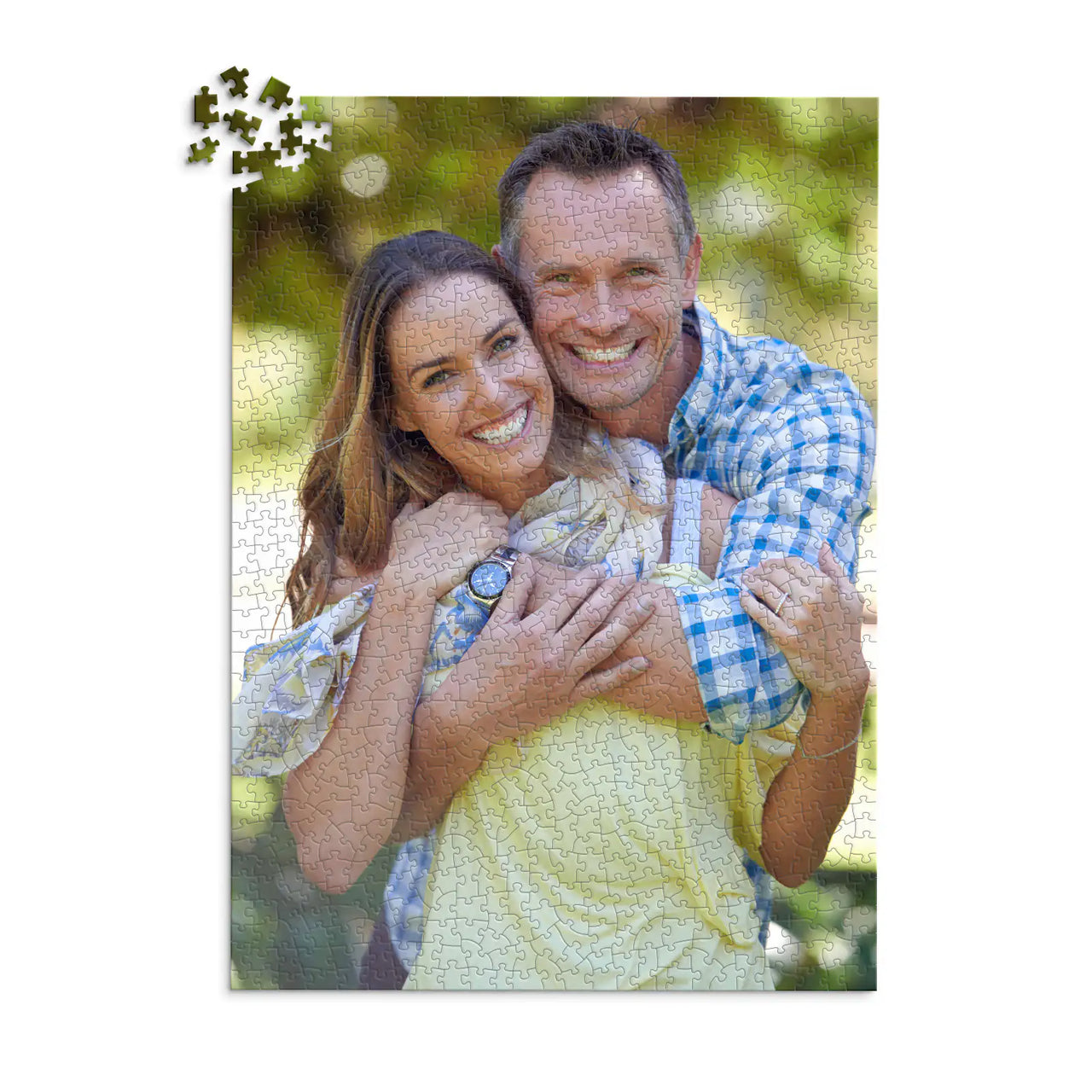 1000 piece personalized couple puzzle featuring a smiling couple embracing outdoors.
