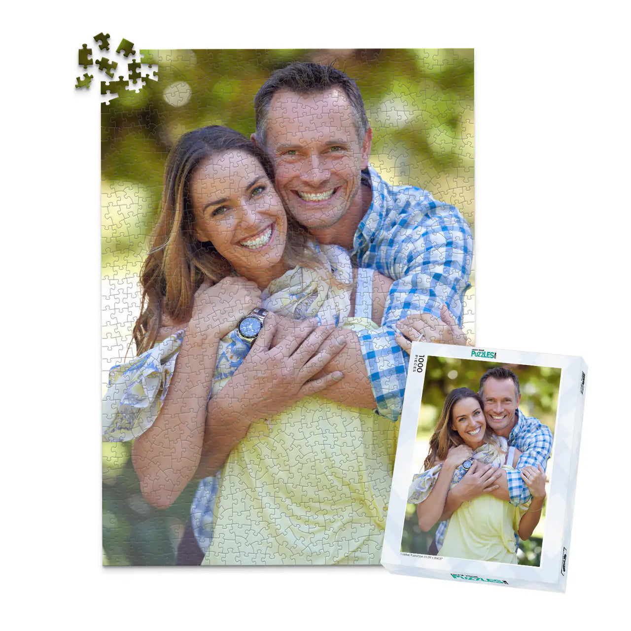 1000 piece personalized couple puzzle featuring a smiling couple embracing outdoors, shown with its matching puzzle box