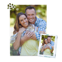 1000 piece personalized couple puzzle featuring a smiling couple embracing outdoors, shown with its matching puzzle box