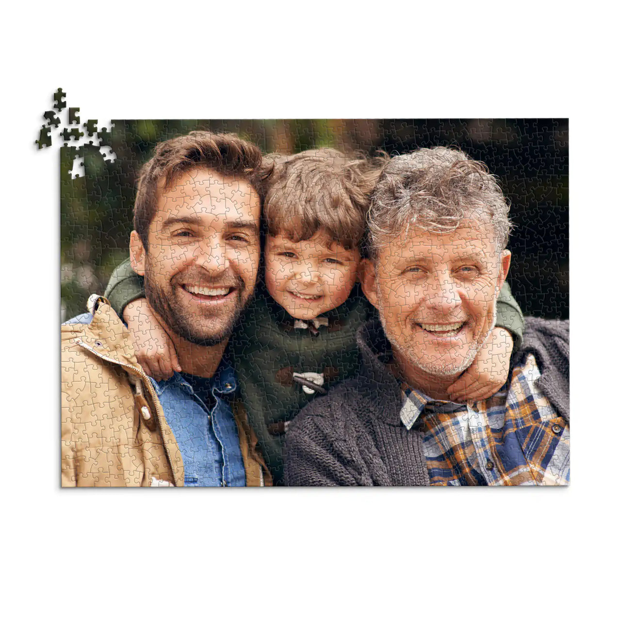 1000 piece personalized Dad puzzle showing a smiling father, son and grandfather.
