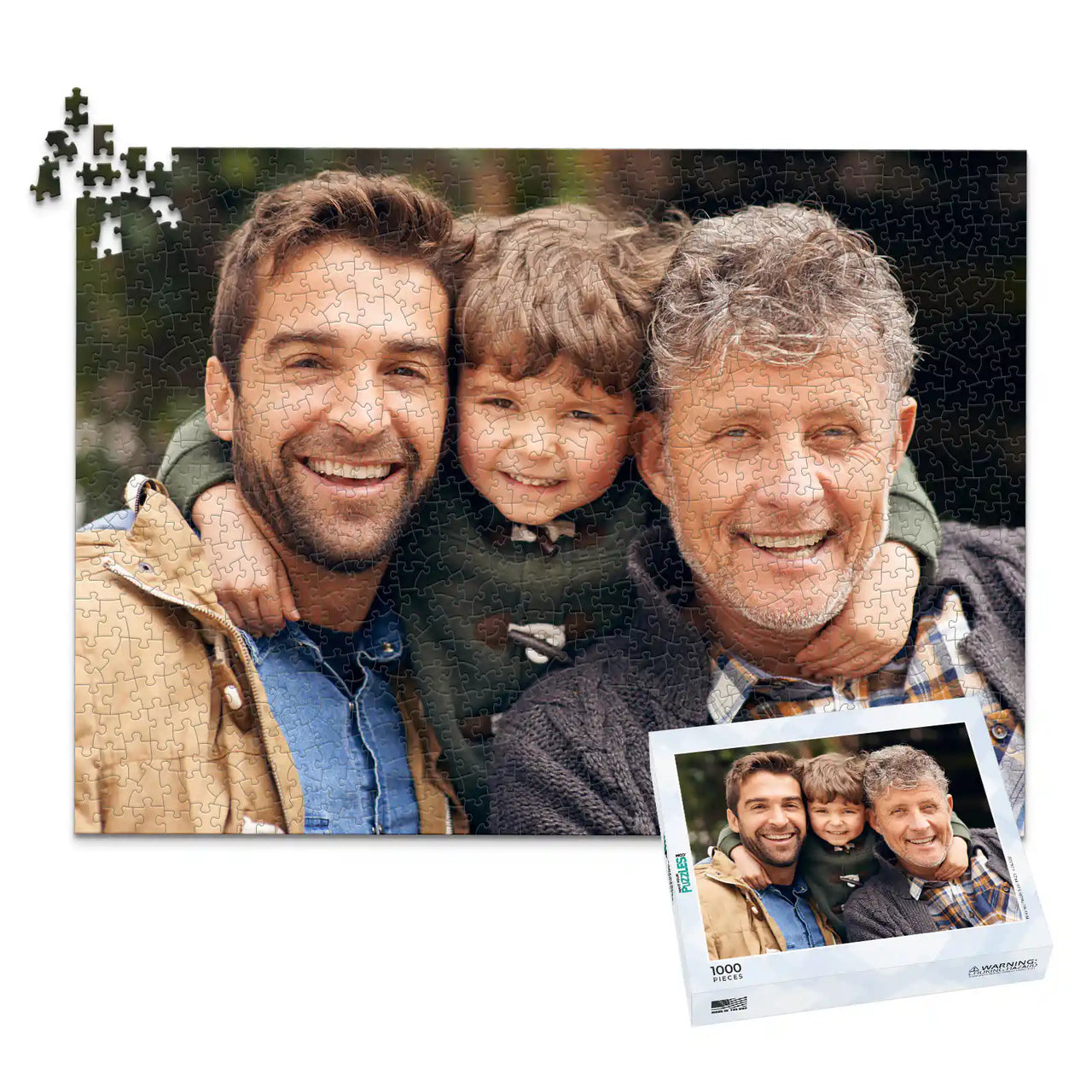 1000 piece personalized Dad puzzle showing a smiling father, son and grandfather, displayed with the matching puzzle box.