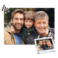 1000 piece personalized Dad puzzle showing a smiling father, son and grandfather, displayed with the matching puzzle box.