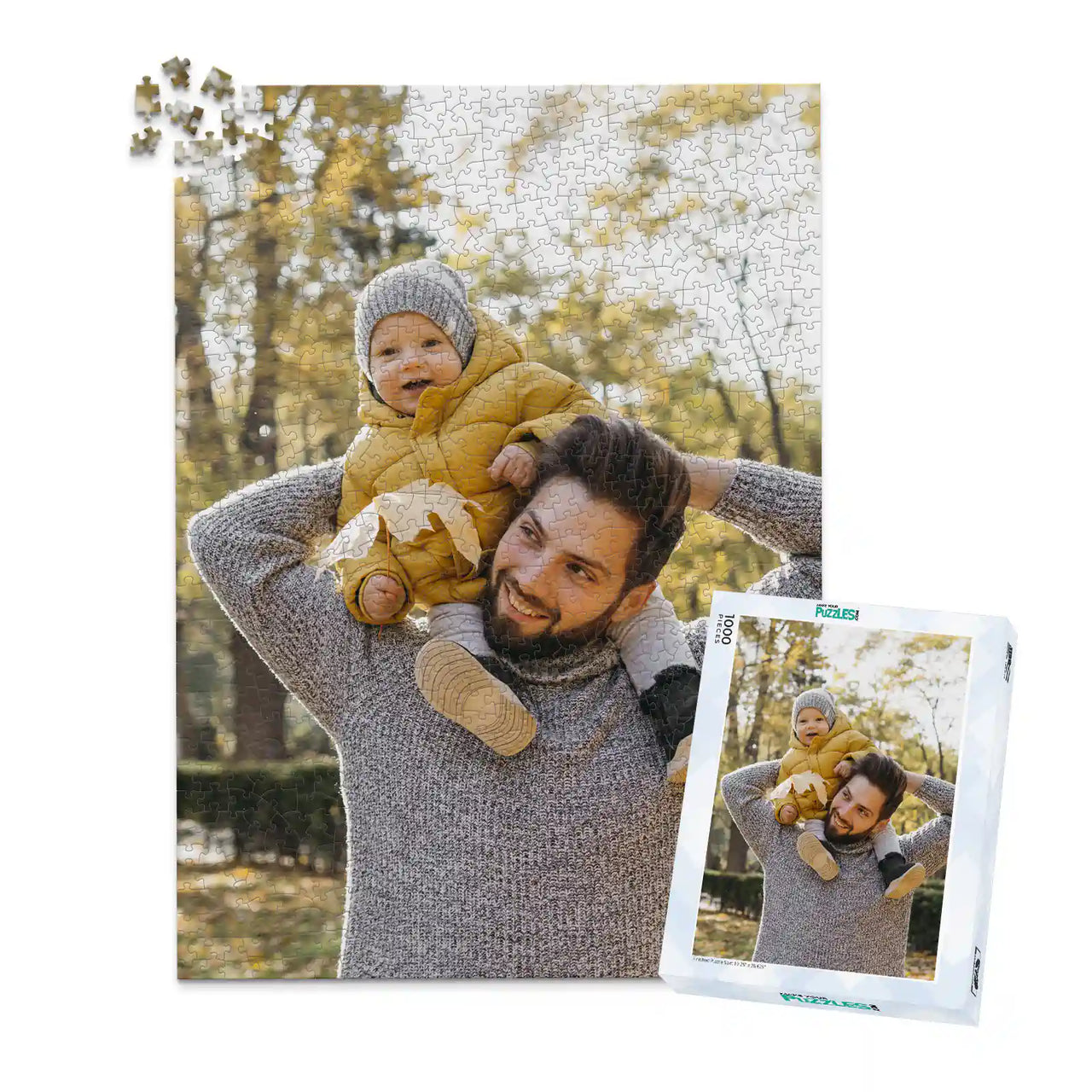 1000 piece personalized Dad puzzle showing a smiling father carrying his baby on his shoulders, displayed with the matching puzzle box.