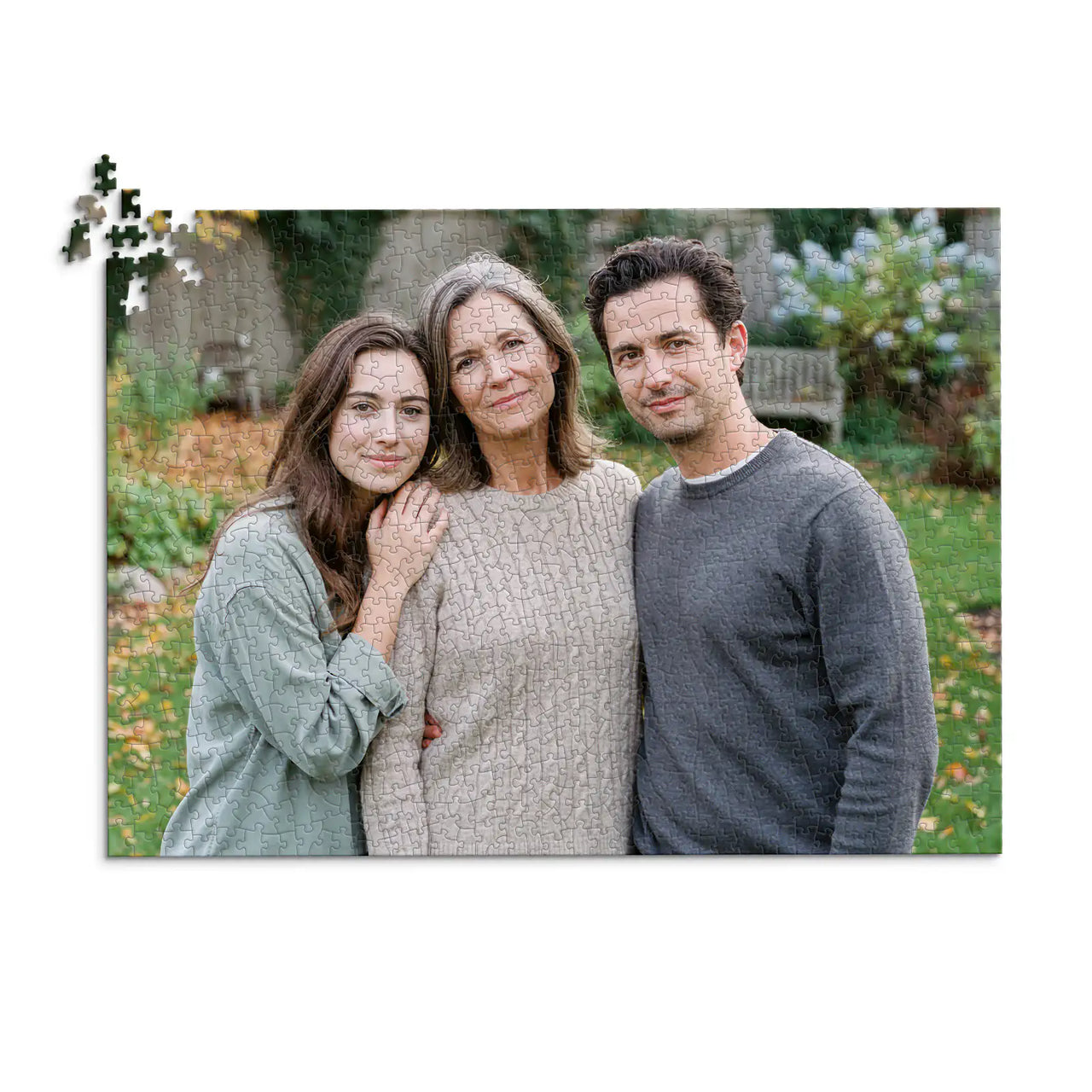 1000 piece personalized Mom puzzle featuring a mother with her adult daughter and son outdoors.