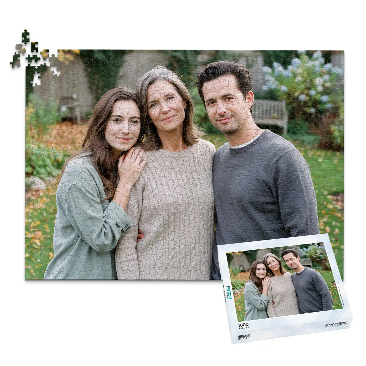 1000 piece personalized Mom puzzle featuring a mother with her adult daughter and son outdoors, shown with its matching puzzle box