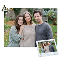 1000 piece personalized Mom puzzle featuring a mother with her adult daughter and son outdoors, shown with its matching puzzle box