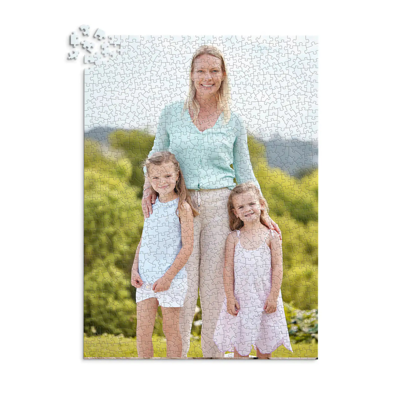1000 piece personalized Mom puzzle featuring a mother with her two young daughters outdoors.