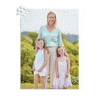 1000 piece personalized Mom puzzle featuring a mother with her two young daughters outdoors.