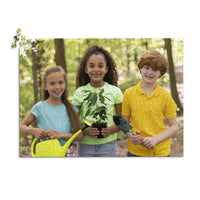 1000 piece personalized puzzle for kids showing three smiling children gardening together.