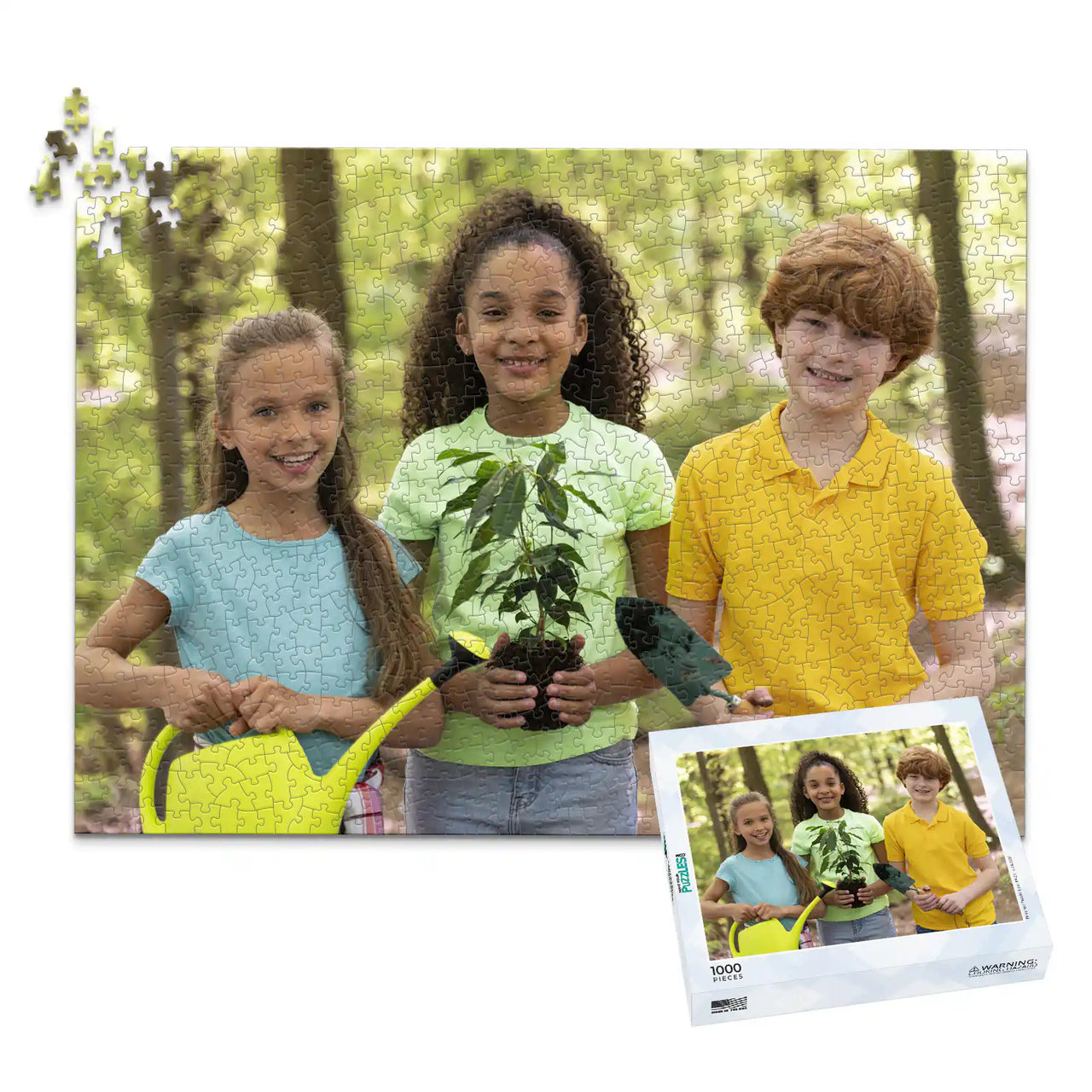 1000 piece personalized puzzle for kids showing three smiling children gardening together, displayed with the matching puzzle box.