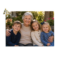 1000 piece personalized puzzle for grandparents showing a smiling grandmother with her three grandchildren.