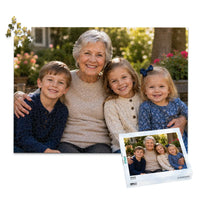 1000 piece personalized puzzle for grandparents showing a smiling grandmother with her three grandchildren, displayed with the matching puzzle box.