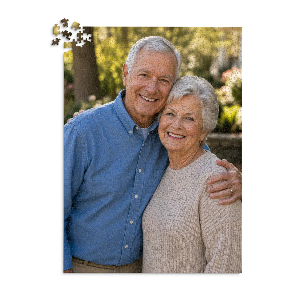 1000 piece personalized puzzle for grandparents showing a smiling elderly couple together.