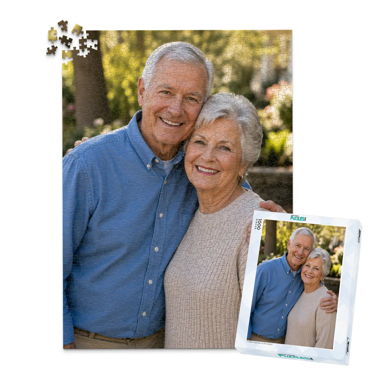 1000 piece personalized puzzle for grandparents showing a smiling elderly couple together, displayed with the matching puzzle box.