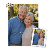 1000 piece personalized puzzle for grandparents showing a smiling elderly couple together, displayed with the matching puzzle box.