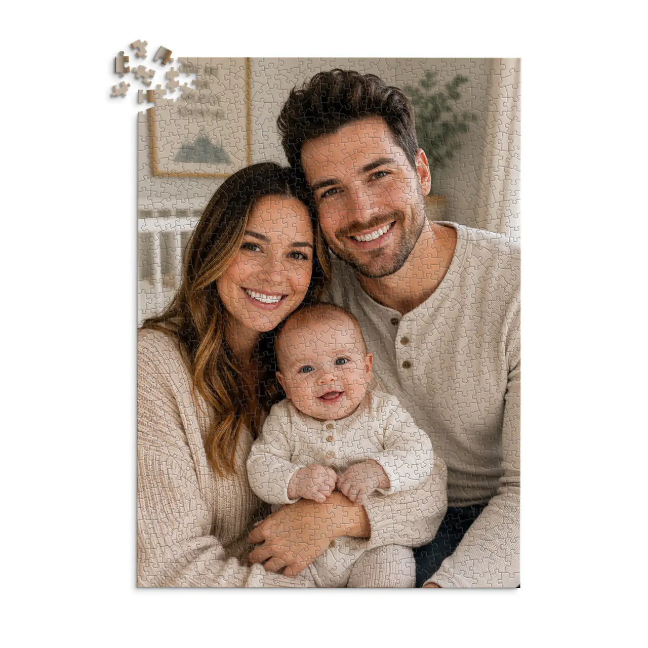 1000 piece personalized puzzle for new parents showing a smiling mother and father with their baby.