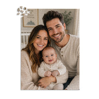 1000 piece personalized puzzle for new parents showing a smiling mother and father with their baby.
