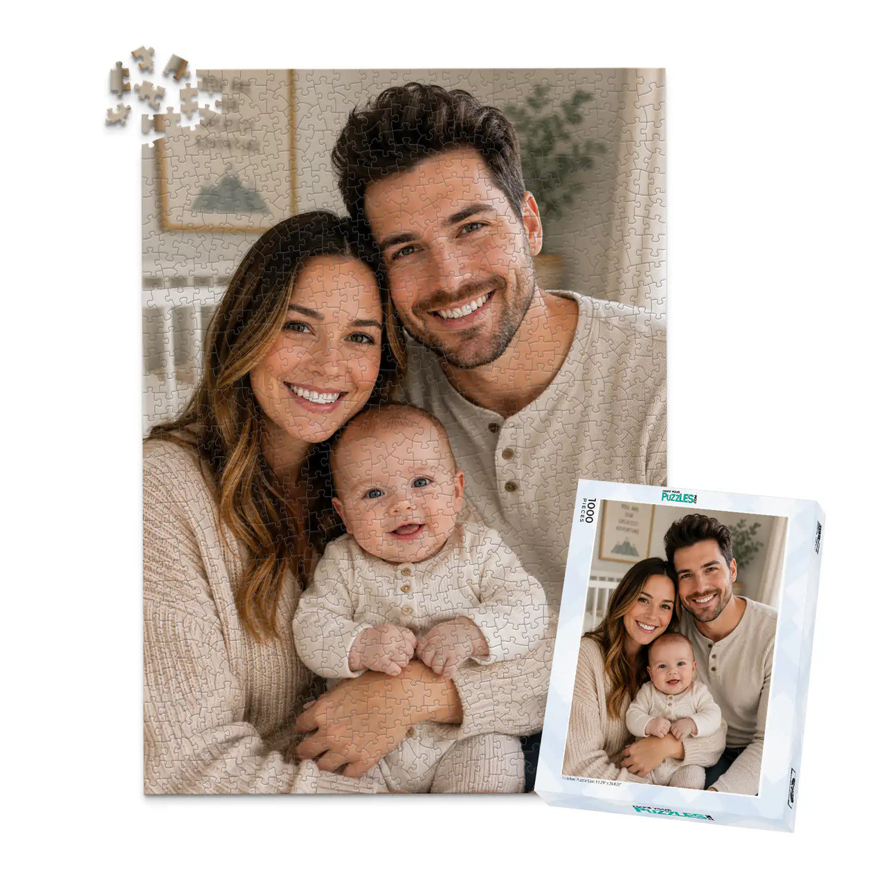 1000 piece personalized puzzle for new parents showing a smiling mother and father with their baby, displayed with the matching puzzle box.