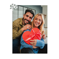 1000 piece personalized Valentine puzzle featuring a smiling couple with a heart-shaped gift.