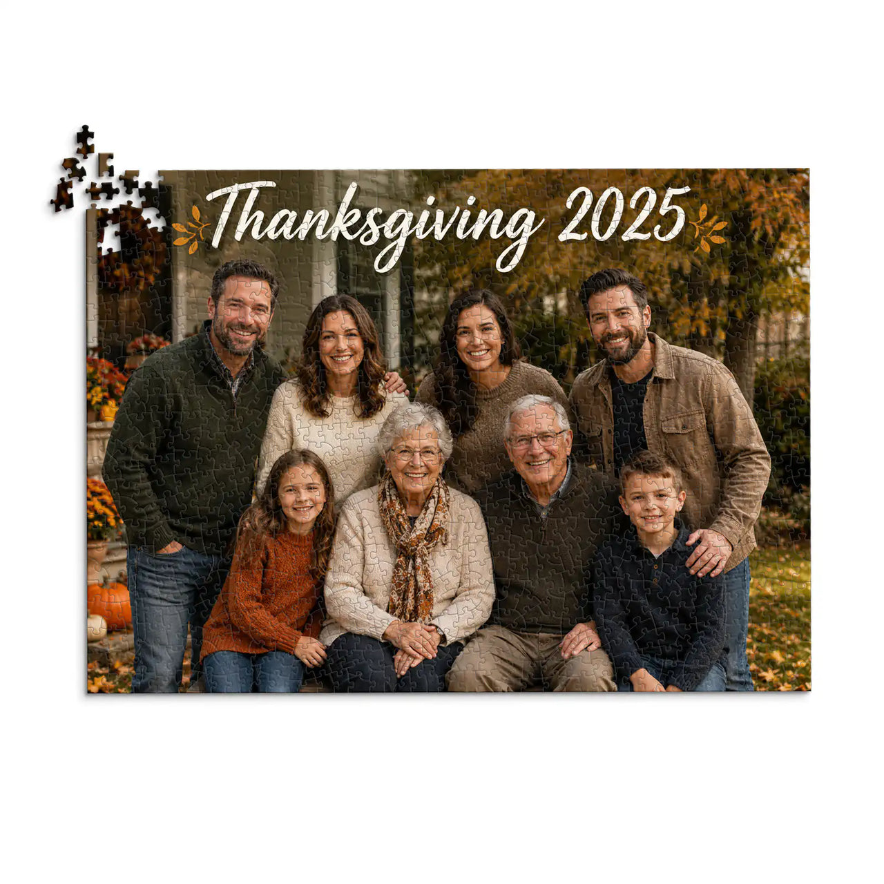 1000 piece Thanksgiving photo puzzle featuring a multigenerational family portrait with custom Thanksgiving text.