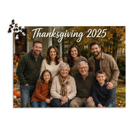 1000 piece Thanksgiving photo puzzle featuring a multigenerational family portrait with custom Thanksgiving text.