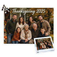 1000 piece Thanksgiving photo puzzle featuring a multigenerational family portrait with custom Thanksgiving text, shown with its matching puzzle box