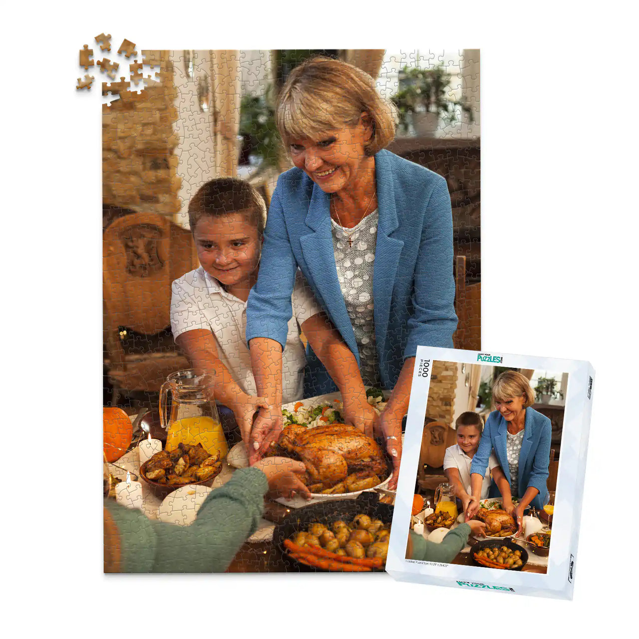 1000 piece Thanksgiving photo puzzle featuring a grandmother and grandson serving turkey at a family dinner, shown with its matching puzzle box