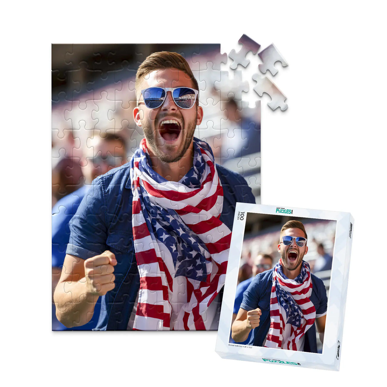 100 piece 4th of July photo puzzle featuring a cheering man wearing an American flag scarf, shown with its matching puzzle box