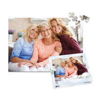 100 piece custom Mother’s Day photo puzzle featuring a mother with her two adult daughters and matching puzzle box