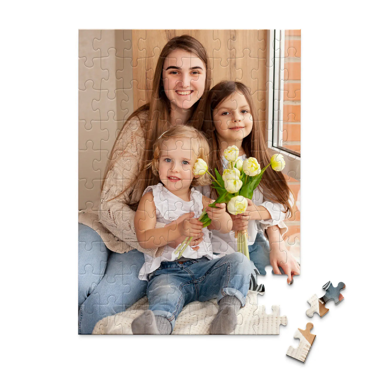 100 piece custom Mother’s Day photo puzzle featuring three daughters with flowers.