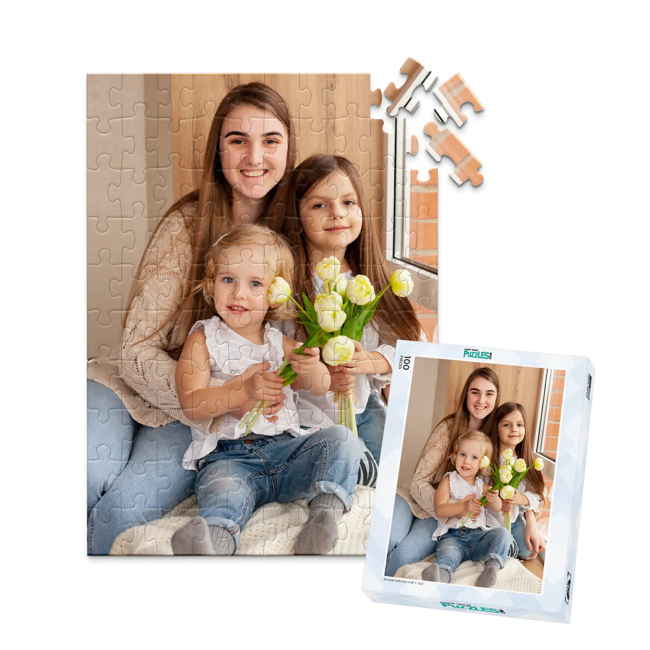 100 piece custom Mother’s Day photo puzzle featuring three daughters with flowers and a matching puzzle box