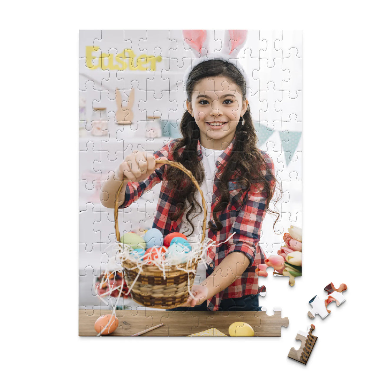 100 piece Easter photo puzzle featuring a smiling girl holding a basket of colorful Easter eggs.